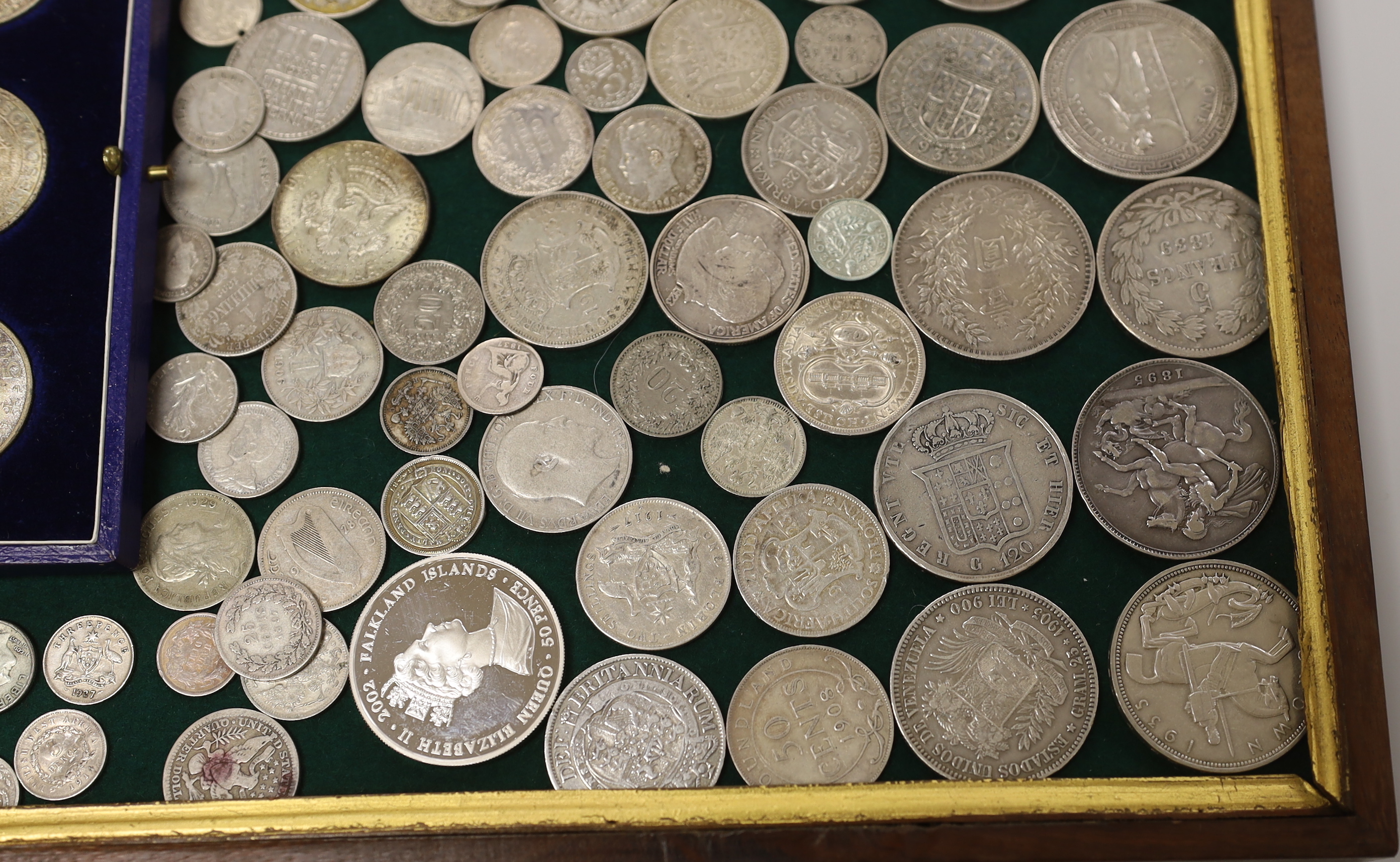 World coins, silver including Hong Kong one dollar 1901, 1895 crown, etc.